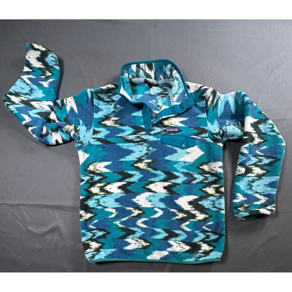 VTG Patagonia Synchilla Snap-T Fleece Pullover-S Teal Blue Geometric Ikat Print - Picture 11 of 15